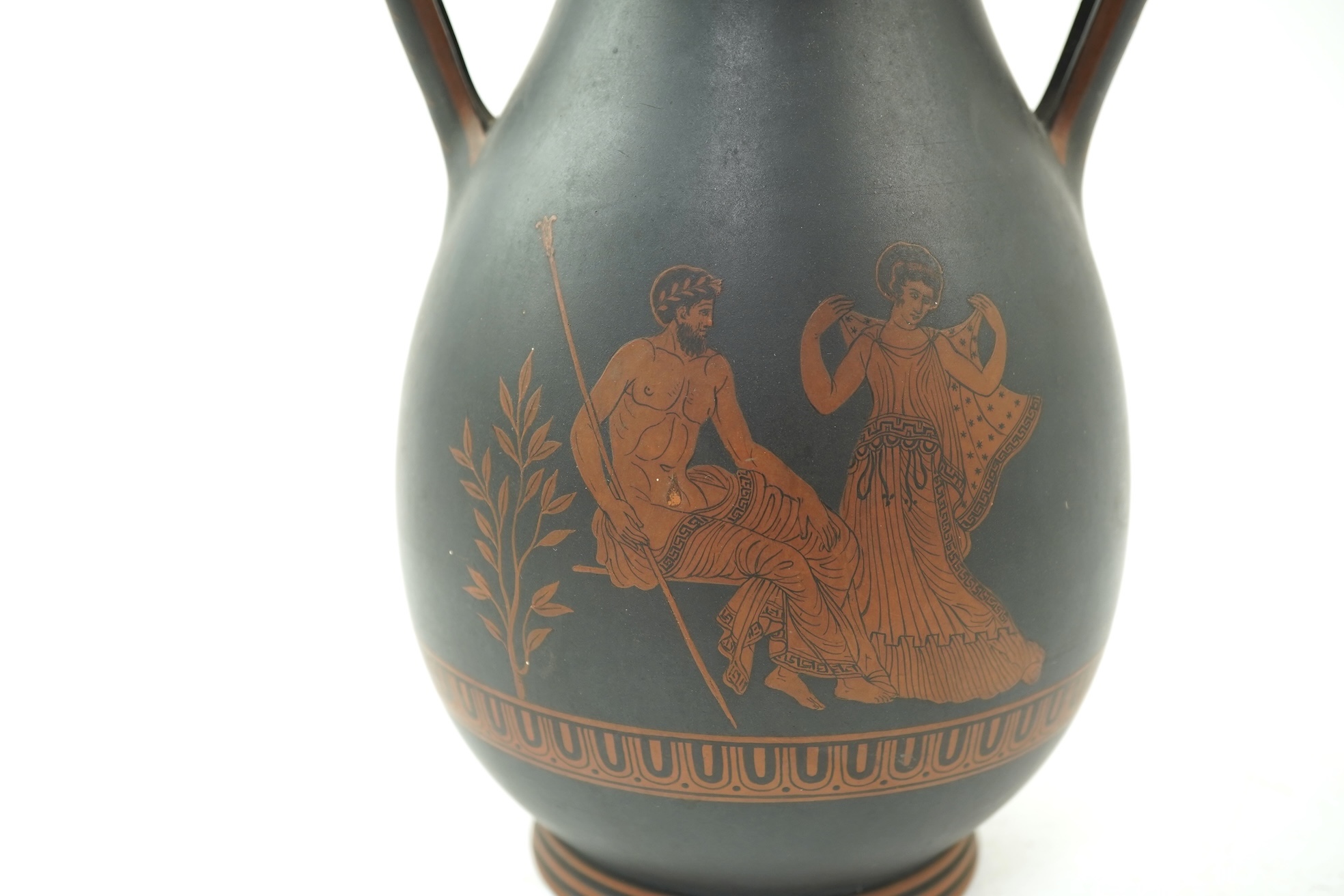 A rare Wedgwood encaustic decorated black basalt two handled baluster vase, late 18th century